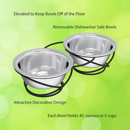 Set of 2 Elevated Dog Bowls - Stainless-Steel 40 OZ Large Food and Water Bowls for Pets with Raised 3.5-Inch-Tall Decorative Stand by ,Silver/Black