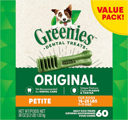 Original Petite Natural Dog Dental Care Chews Oral Health Dog Treats, 36 Ounce Pack (60 Treats)