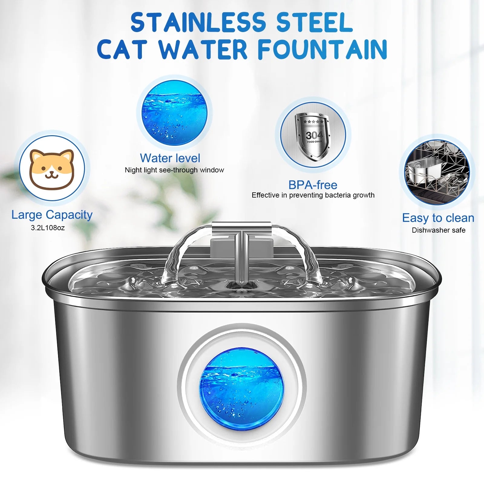 Cat Water Fountain Stainless Steel,  108Oz/3.2L Pet Fountain with Water Level Window, Dog Water Dispenser Drinking Fountain with 4 Replacement Filters for Cats, Dogs, Multiple Pets