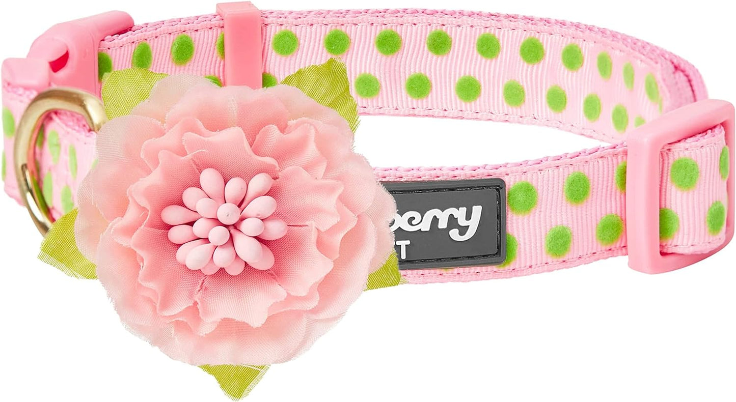 4 Patterns Adjustable Flocking Dog Collar with Artificial Silk Flower - Polka Dot in Baby Pink, Large, Neck 18"-26"