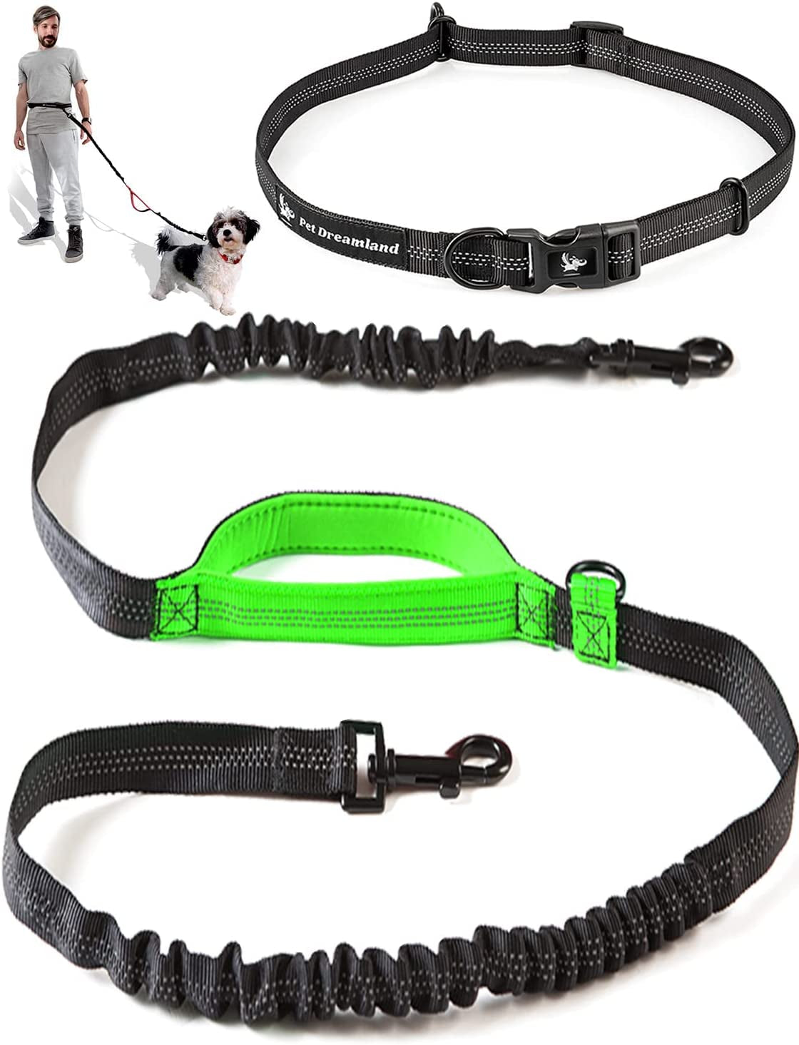 Hands Free Dog Leash for Running, Walking, Hiking, Cycling and Training. Bungee Harness, Adjustable Waist Belt, Single or Double Handle, Reflective Stitching. Medium and Large Dogs