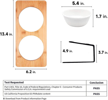 Elevated Cat Ceramic Bowls, Small Dog 15° Tilted Raised Food Feeding Dishes, Solid Bamboo Water Stand Feeder Set for Cats and Puppy