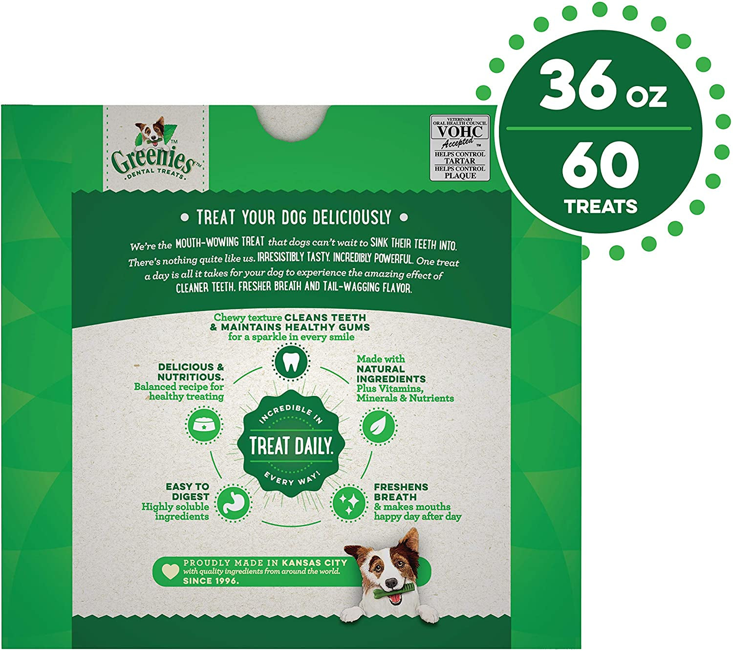 Original Petite Natural Dog Dental Care Chews Oral Health Dog Treats, 36 Ounce Pack (60 Treats)