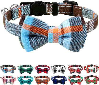 Upgraded Cat Collar with Bells, Breakaway Cat Collars with Bow Tie, 1 Pack Girl Boy Safety Plaid Kitten Collars, Haze Blue