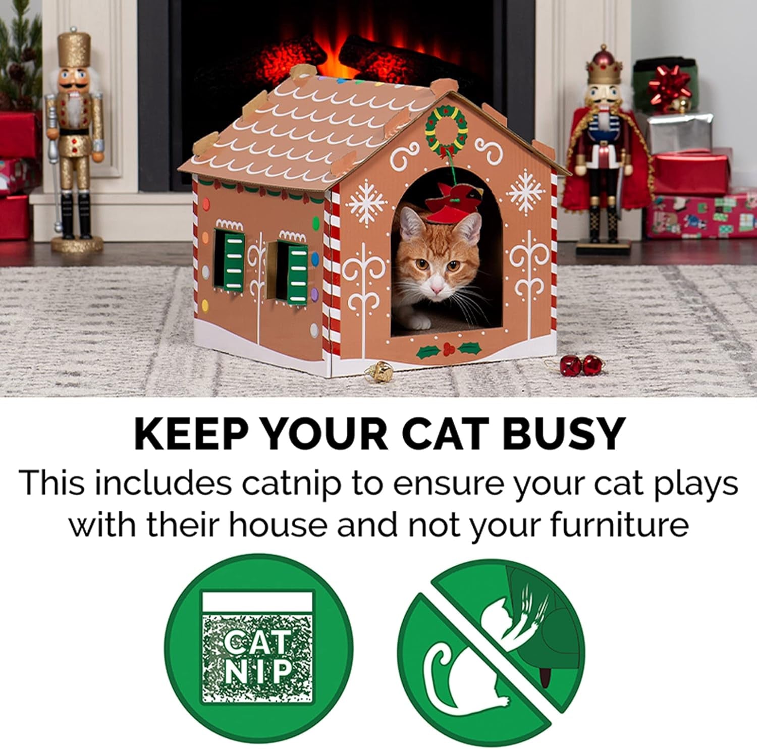 Pet Furniture for Cats and Kittens - Decorated Gingerbread Christmas House Corrugated Cat Scratcher Hideout with Catnip, Holiday Print, One Size