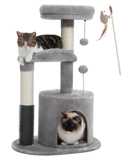 32.7" Cat Tree Small Cat Tower Kitten Scratching Posts Condo with Sefl-Grooming Toy, Gray