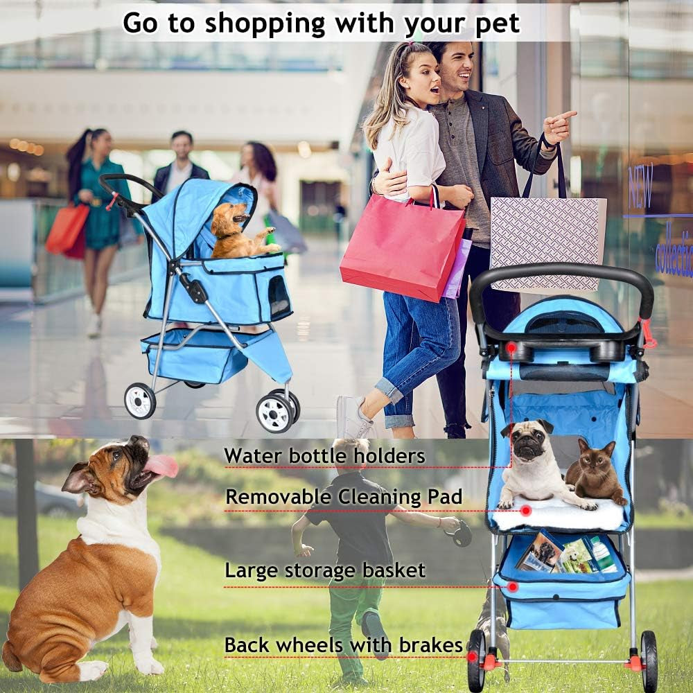 Pet Stroller Jogger Cat Dog Cage 3 Wheels Stroller Travel Folding Carrier Strolling Cart with Cup Holders and Removable Liner 35Lbs Capacity Large Doggie Stroller for Small-Medium Dogs, Cats