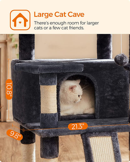 Cat Tree, Large Cat Tower, Cat Condo with Scratching Posts, Board, 2 Caves, 3 Plush Perches, Activity Center, 66.5 Inches, Smoky Gray UPCT019G01