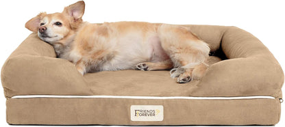 Small Dog Bed, Orthopedic Dog Sofa Memory Foam Mattress, Calming Dog Couch Bed, Wall Rim Pillow, Water Resistant Liner, Washable Cover, Non-Slip Bottom, Chester, Small Khaki Beige