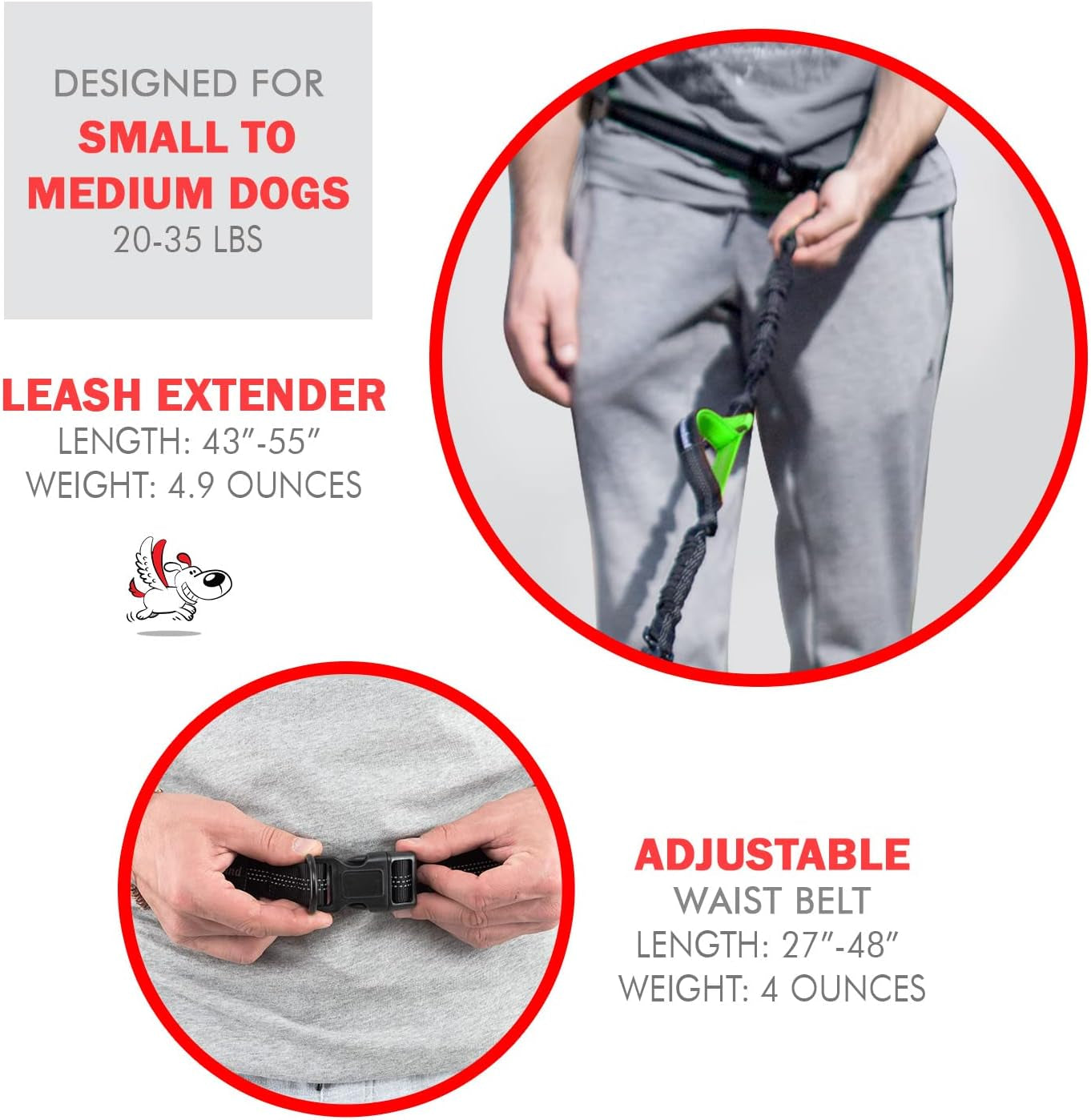 Hands Free Dog Leash for Running, Walking, Hiking, Cycling and Training. Bungee Harness, Adjustable Waist Belt, Single or Double Handle, Reflective Stitching. Medium and Large Dogs