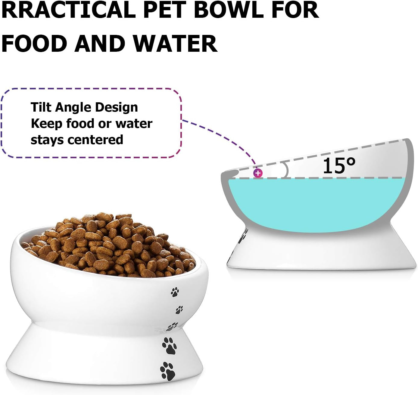 Elevated Cat Food Bowl, Raised Pet Food and Water Bowl, Cat and Small Dog Bowl, Tilted Ceramic Cat Water Bowl No Spill,15Oz, Dishwasher Safe