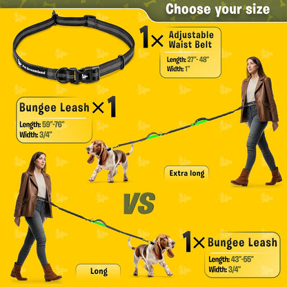 Hands Free Dog Leash for Running, Walking, Hiking, Cycling and Training. Bungee Harness, Adjustable Waist Belt, Single or Double Handle, Reflective Stitching. Medium and Large Dogs