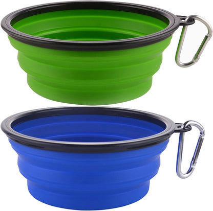 Large Collapsible Dog Bowls, 34Oz Travel Water Food Bowls Portable Foldable Collapse Dishes with Carabiner Clip, 2 Pack (Green+Blue)