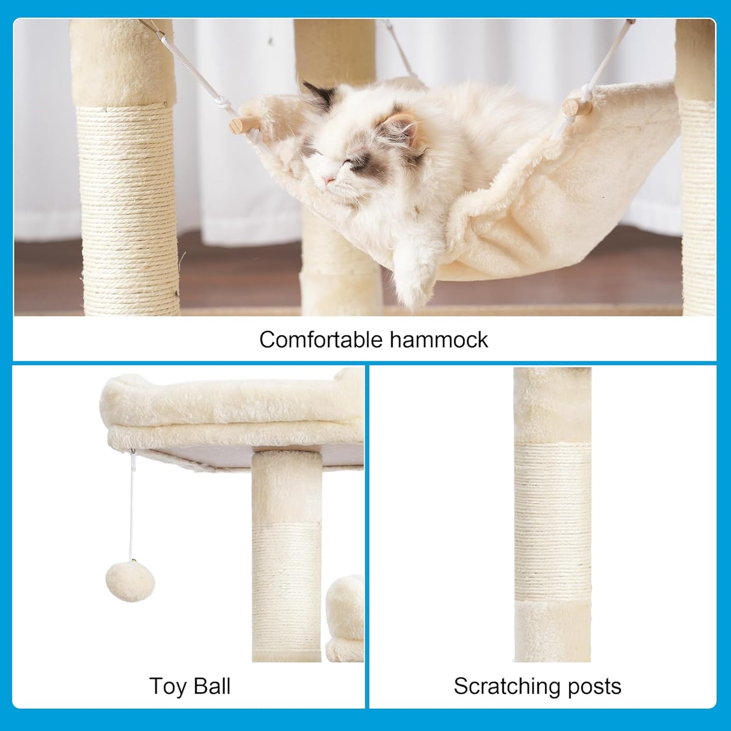 Large Multi-Level Cat Tree Condo Furniture with Sisal-Covered Scratching Posts, 2 Bigger Plush Condos, Perch Hammock for Kittens, Cats and Pets Beige MPJ020M