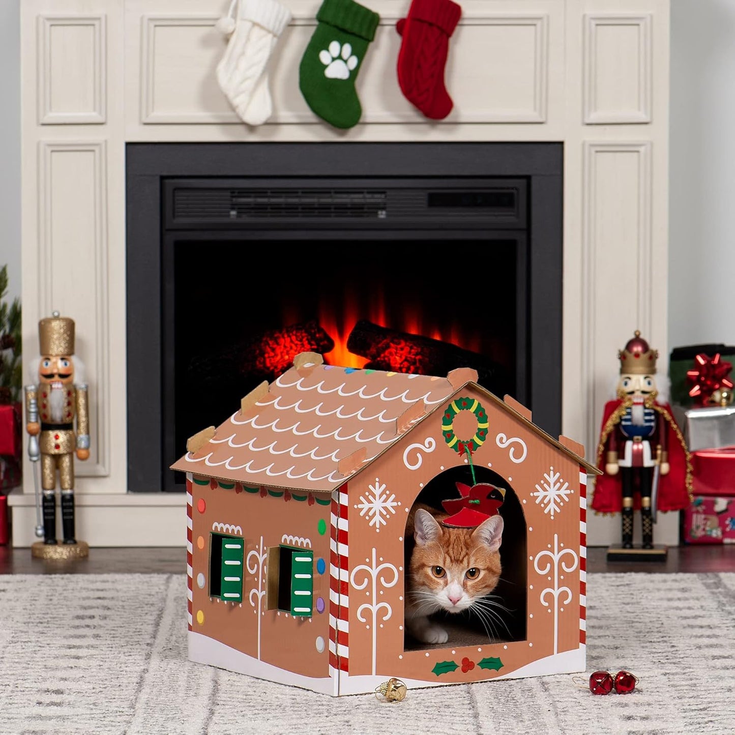 Pet Furniture for Cats and Kittens - Decorated Gingerbread Christmas House Corrugated Cat Scratcher Hideout with Catnip, Holiday Print, One Size