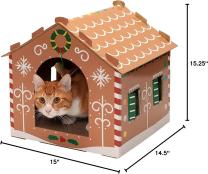 Pet Furniture for Cats and Kittens - Decorated Gingerbread Christmas House Corrugated Cat Scratcher Hideout with Catnip, Holiday Print, One Size