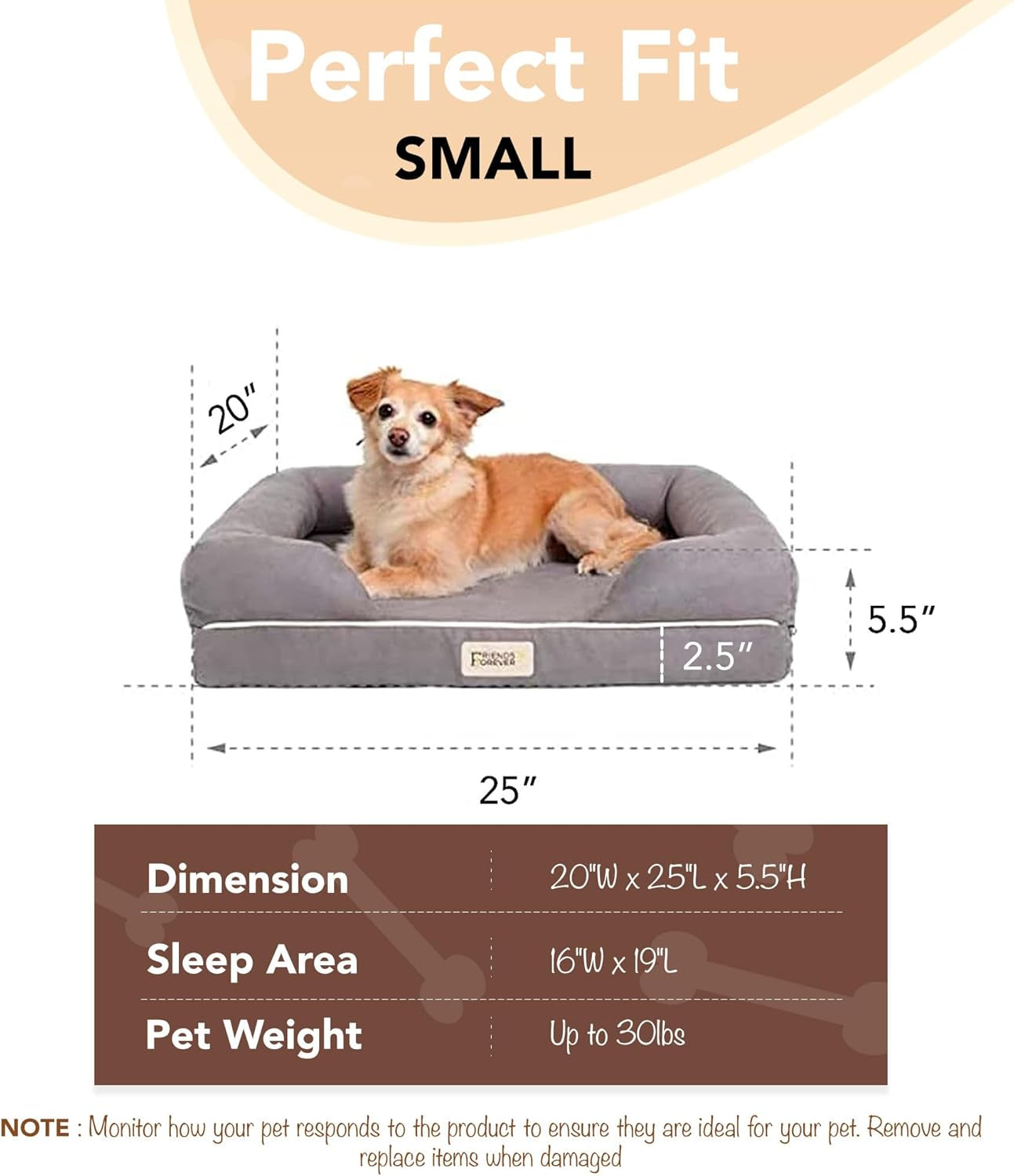 Small Dog Bed, Orthopedic Dog Sofa Memory Foam Mattress, Calming Dog Couch Bed, Wall Rim Pillow, Water Resistant Liner, Washable Cover, Non-Slip Bottom, Chester, Small Cocoa Brown