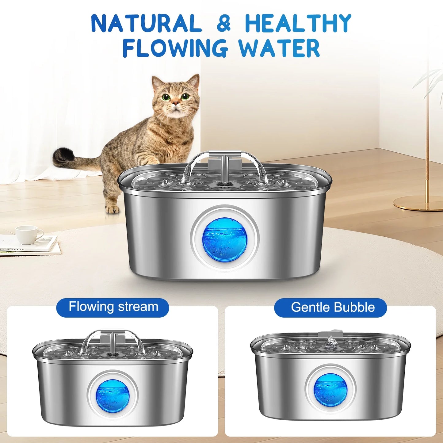 Cat Water Fountain Stainless Steel,  108Oz/3.2L Pet Fountain with Water Level Window, Dog Water Dispenser Drinking Fountain with 4 Replacement Filters for Cats, Dogs, Multiple Pets