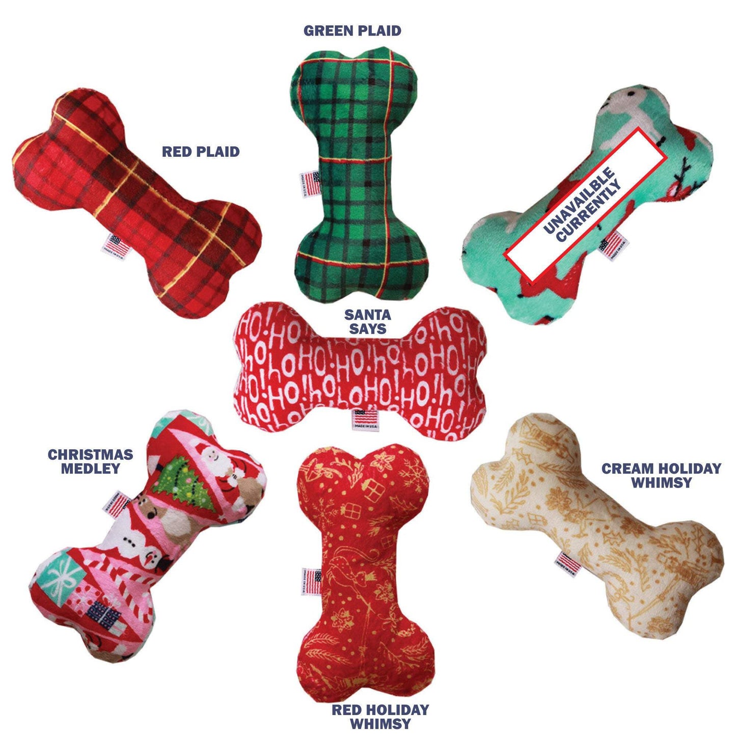 Pet and Dog Plush 6" Bone Toy, "Happy Holidays Group" (Available in 6 Different Pattern Options!)