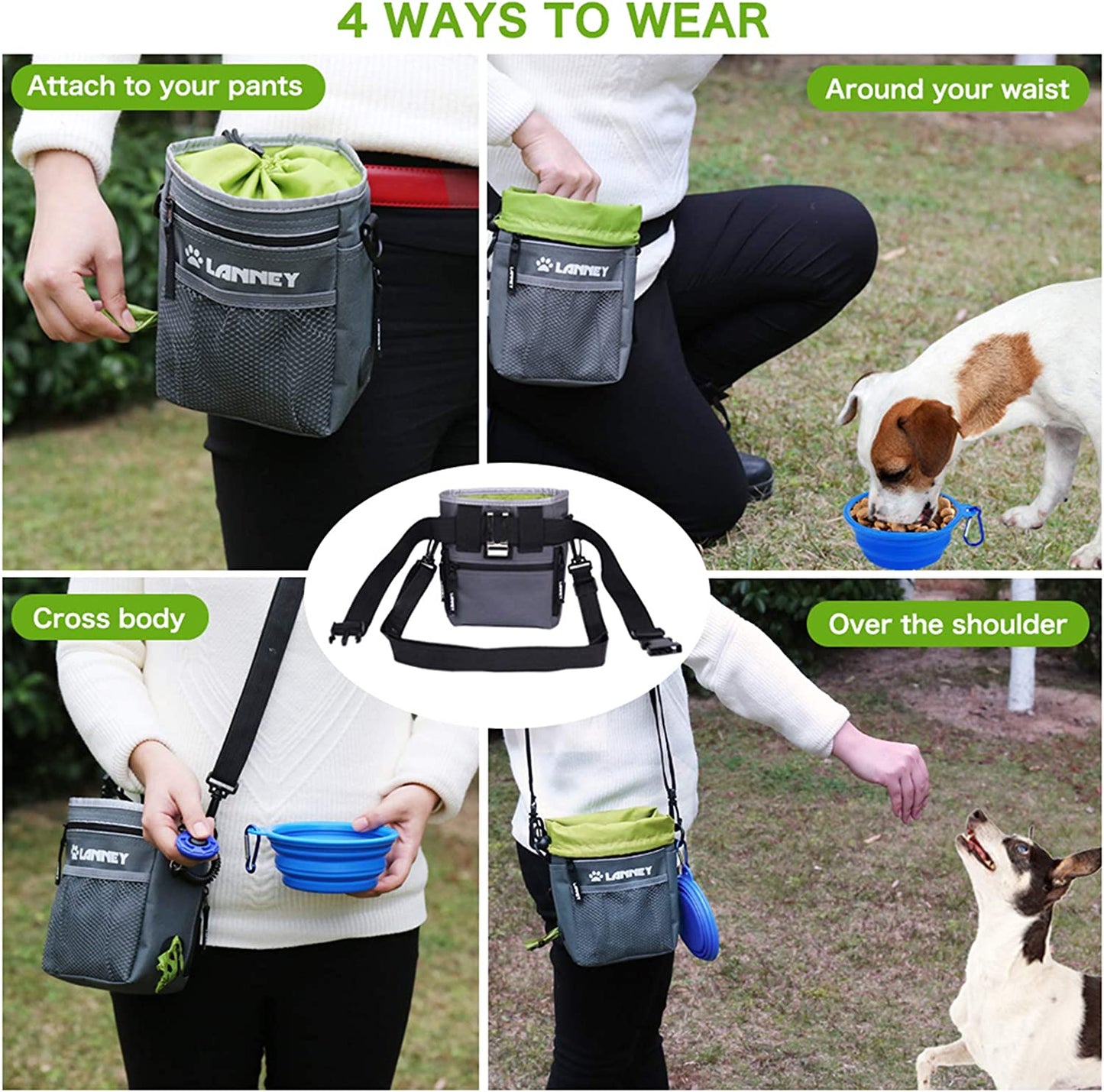 Dog Treat Pouch - 3 Ways to Wear Dog Treat Bag, Dog Training Treat Pouches for Pet Training with Clicker, Shoulder Strap, Adjustable Belt, Poop Bag Dispenser, Easily Carrying Kibble Snacks Pet Toys