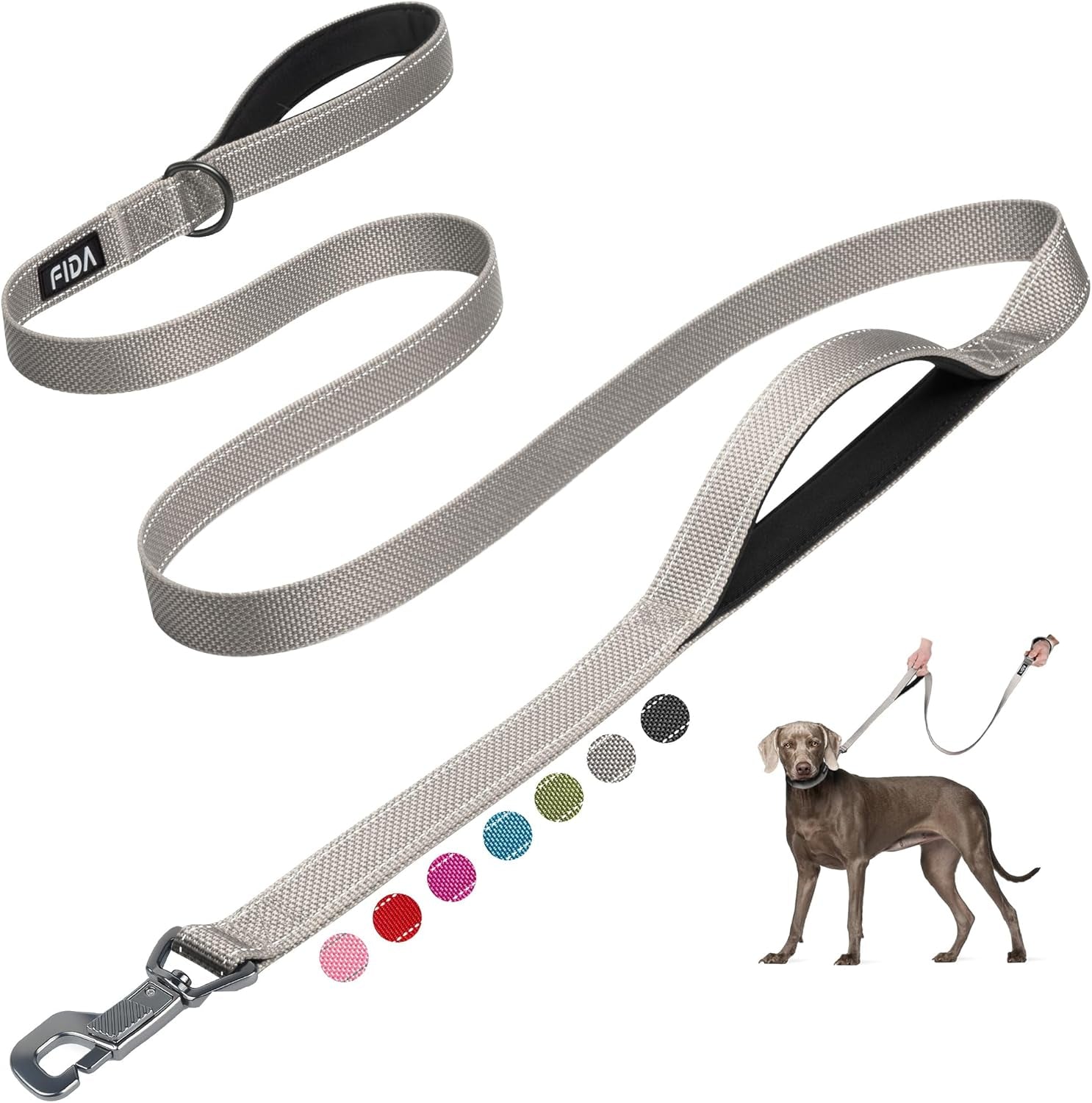 6 FT Heavy Duty Dog Leash with 2 Comfortable Padded Handles, Traffic Handle & Advanced Easy Snap Hook, Reflective Walking Lead for Large, Medium & Small Breed Dogs, Grey